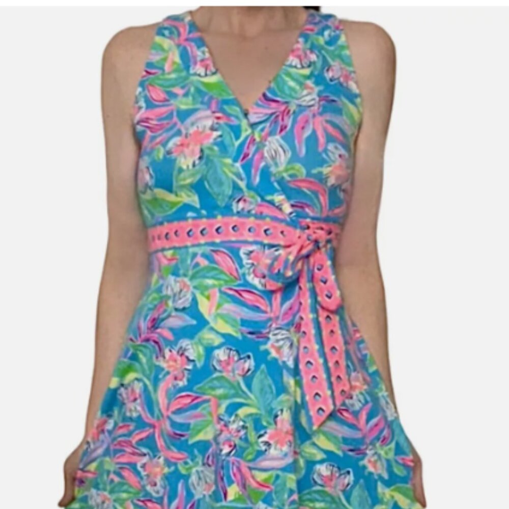 Lilly Pulitzer Clancie Wrap Dress Medium Formentera Turquoise Keep on Beleafing - Picture 9 of 12